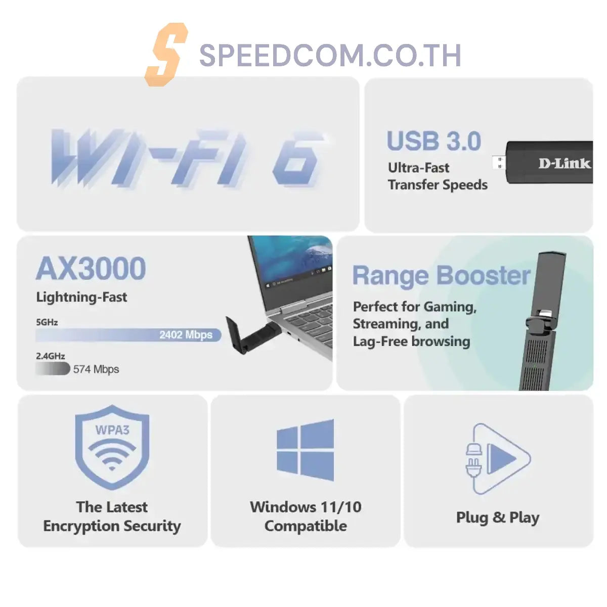 อุปกรณ์รับสัญญาณไวไฟ D-Link DWA-X3030 AX3000 Wireless USB Adapter สีดำ