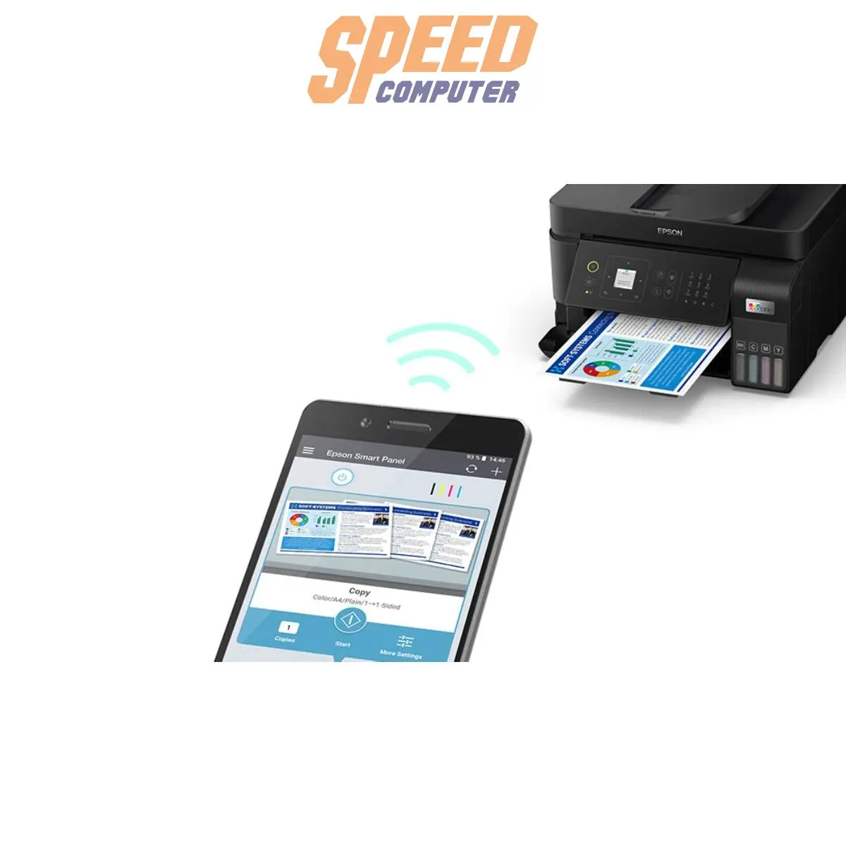 ปริ้นเตอร์อิงค์เจ็ท Epson L5590 ระบบหมึกแท็งก์ All-in-One สีดำ รองรับการพิมพ์ สแกน ถ่ายเอกสาร และแฟกซ์ พร้อมเชื่อมต่อ Wi-Fi เหมาะสำหรับใช้งานในสำนักงานและธุรกิจ