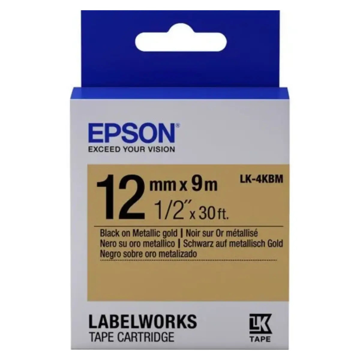 เทปพิมพ์ฉลาก Epson LabelWorks รุ่น LK-4KBM ตัวอักษรสีดำบนพื้นสีทอง เหมาะสำหรับเครื่องพิมพ์ฉลาก Epson ใช้สำหรับจัดระเบียบ