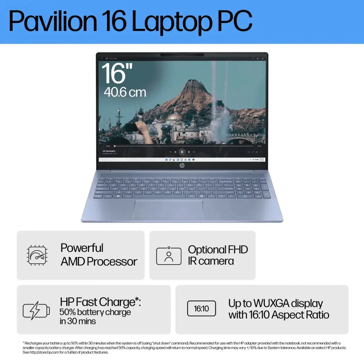 โน๊ตบุ๊ค HP Pavilion 16 AG0029AU Ryzen 7 สีฟ้า (Sky Blue)