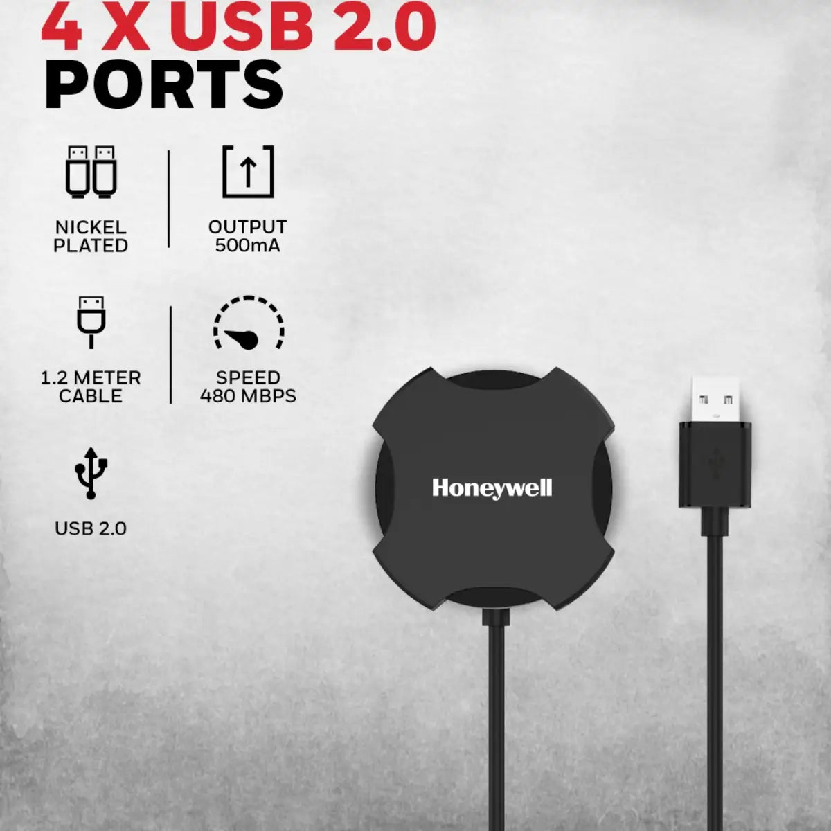 ยูเอสบีฮับ Honeywell 4 port USB Non-Powered Hub 2.0 สีดำ