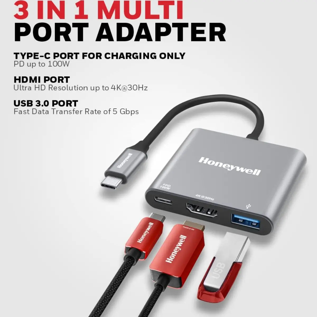 อุปกรณ์แปลงสัญญาณ Honeywell Type C to HDMI PD Charging and USB 3.0 Adapter