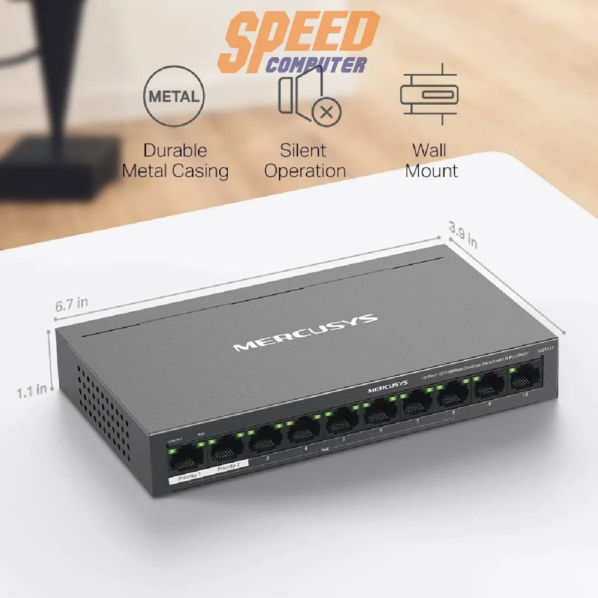สวิตช์ฮับ Mercusys MS110P 10 - Port Desktop Switch with 8 - Port PoE+ สีดำ - SpeedCom