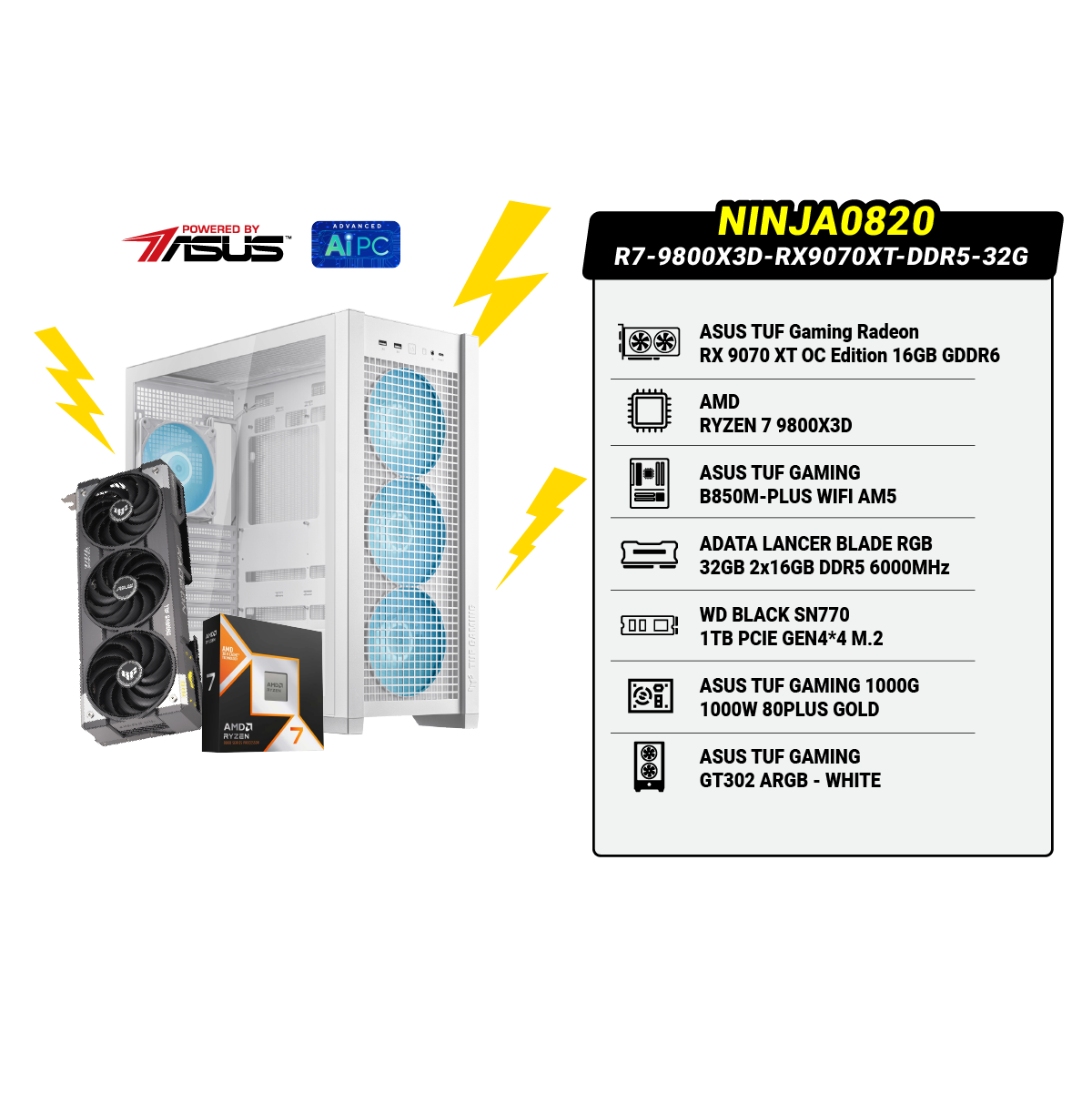 คอมประกอบ NINJA0820-R7-9800X3D-RX9070XT-DDR5-32G Powered By ASUS - SpeedCom