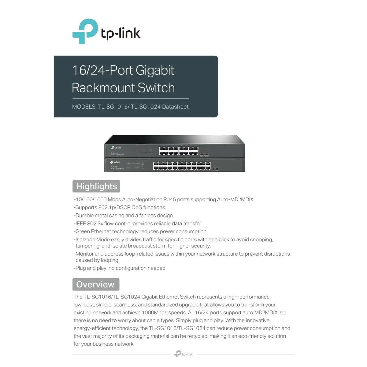 สวิตช์ฮับ TP-Link TL-SG1024 24-Port Gigabit Rackmount Switch สีดำSpeedCom
