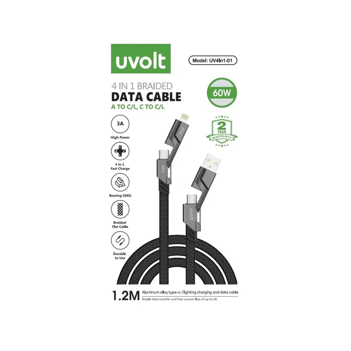 สายชาร์จ Uvolt UV4IN1-01-BLK 4in1 Braided 1.5M สีดำ - SpeedCom