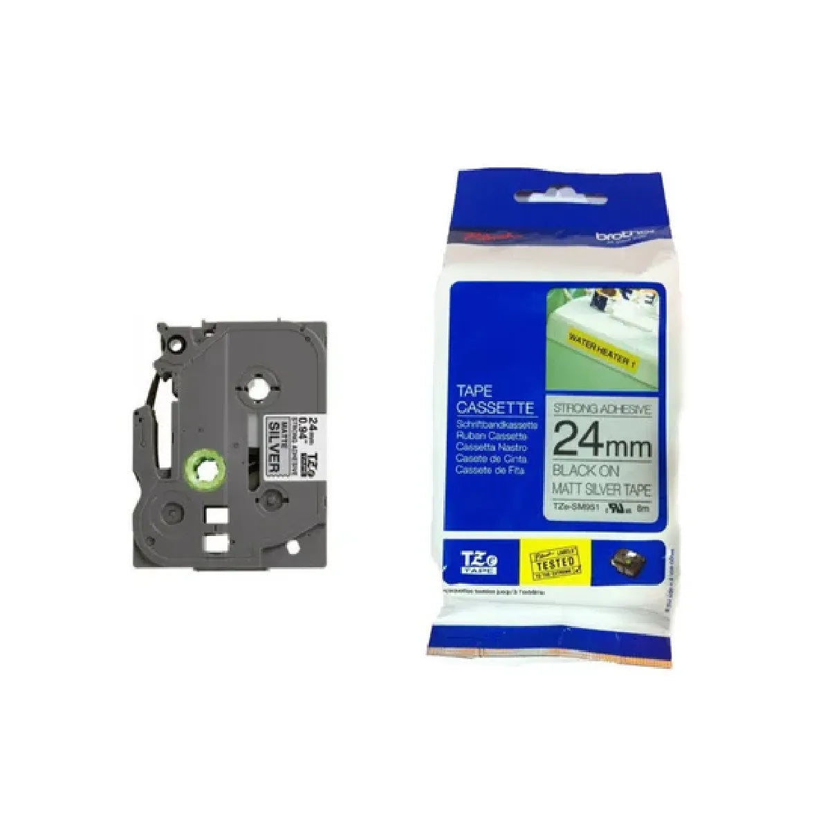 Brother Label Tape Size 24 mm. BLACK ON MATTE SILVER EXTRA STRENGTH