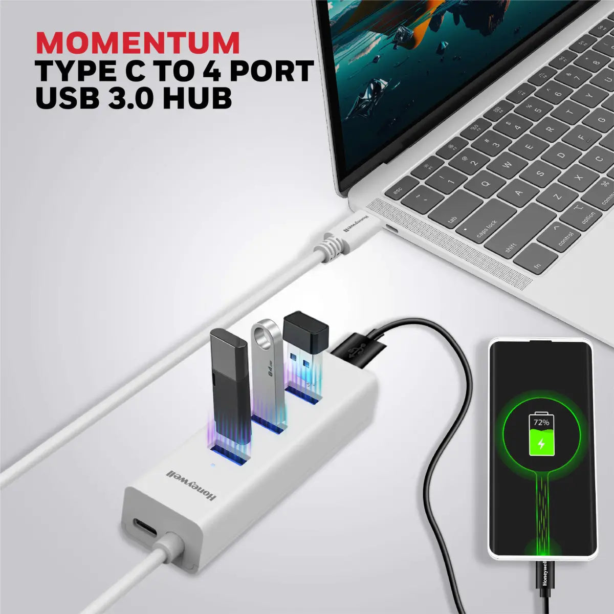 ยูเอสบีฮับ Honeywell Momentum Type C to 4 Port USB 3.0 Hub สีขาว