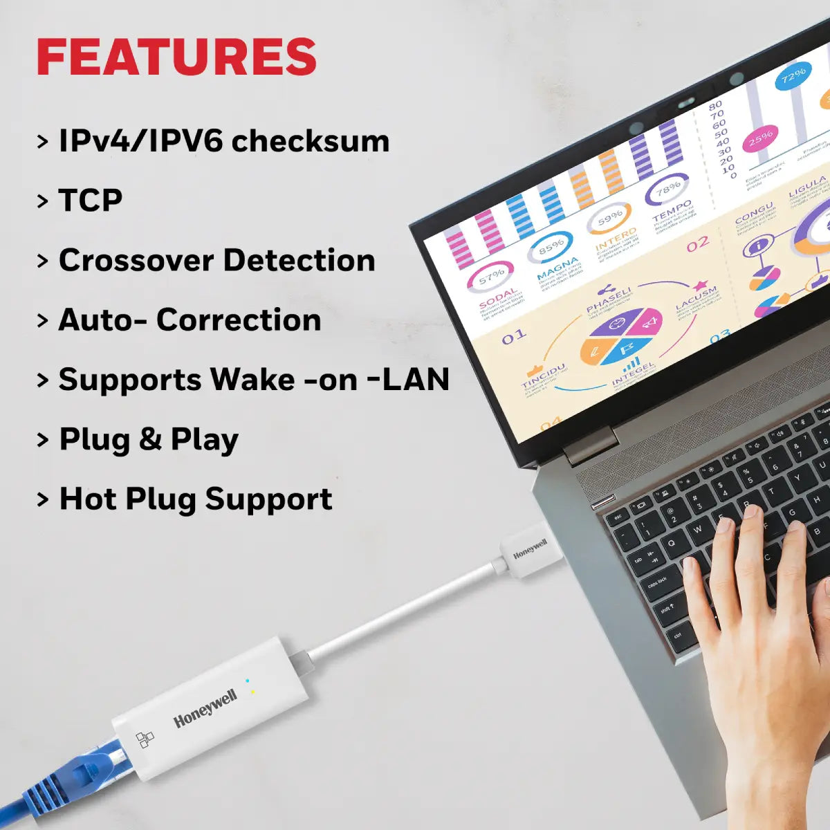 อุปกรณ์แปลงสัญญาณ Honeywell USB 3.1 to Gigabit Ethernet Adapter สีขาว