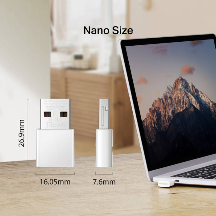 อุปกรณ์รับสัญญาณ Mercusys MA30N AC1300 Nano Wireless Dual Band USB Adapter สีขาว