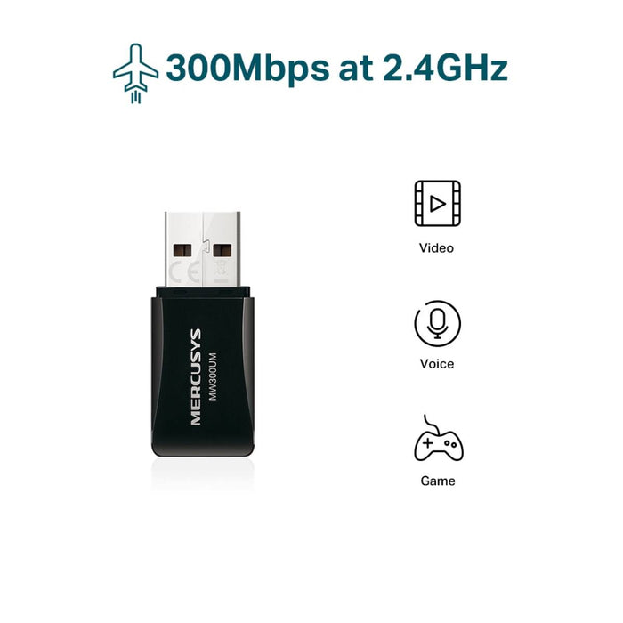 อุปกรณ์รับสัญญาณ Mercusys MW300UM N300 Wireless Mini USB Adapter สีดำ