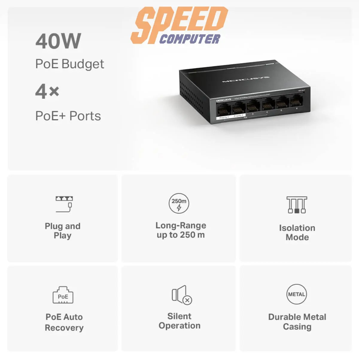 สวิตช์ฮับ Mercusys MS106LP 6 - Port Desktop Switch with 4 - Port PoE+ สีดำ - SpeedCom