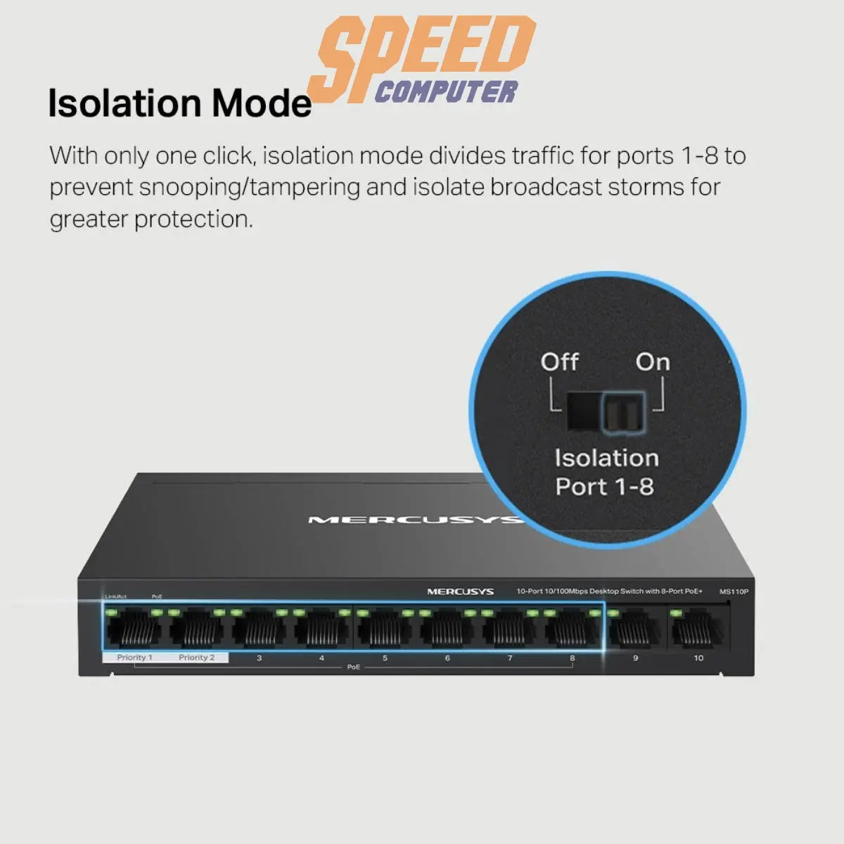 สวิตช์ฮับ Mercusys MS110P 10 - Port Desktop Switch with 8 - Port PoE+ สีดำ - SpeedCom