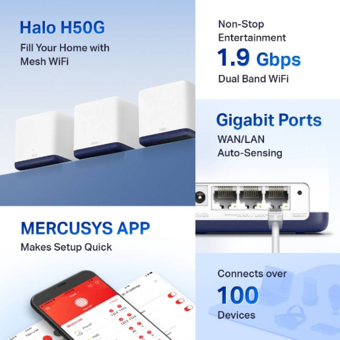 อุปกรณ์กระจายสัญญาณ Mercusys Halo H50G AC1900 Mesh Wi-Fi System 3-PACK WHITE