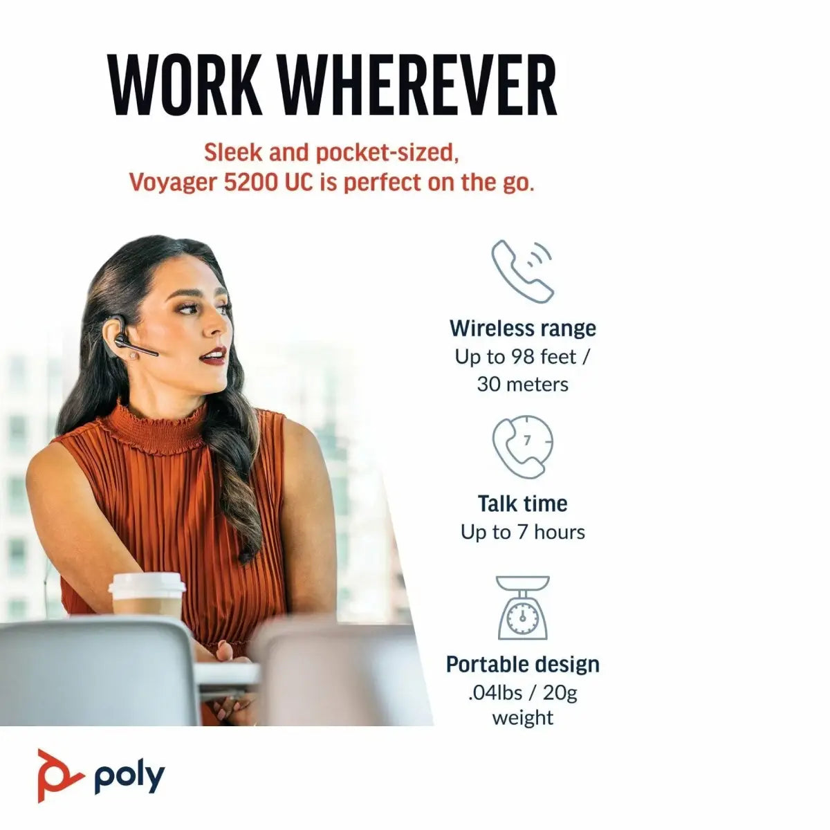 หูฟังบลูทูธ HP Poly Voyager 5200 +USB-A to Micro USB Cable (7S431AA) - SpeedCom