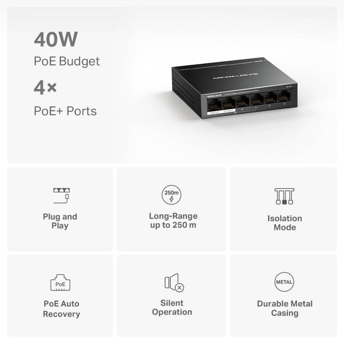 สวิตช์ฮับ Mercusys MS106LP 6 - Port Desktop Switch with 4 - Port PoE+ สีดำ - SpeedCom