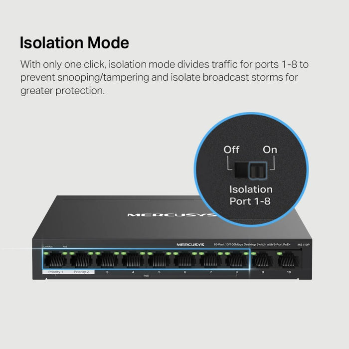 สวิตช์ฮับ Mercusys MS110P 10 - Port Desktop Switch with 8 - Port PoE+ สีดำ - SpeedCom